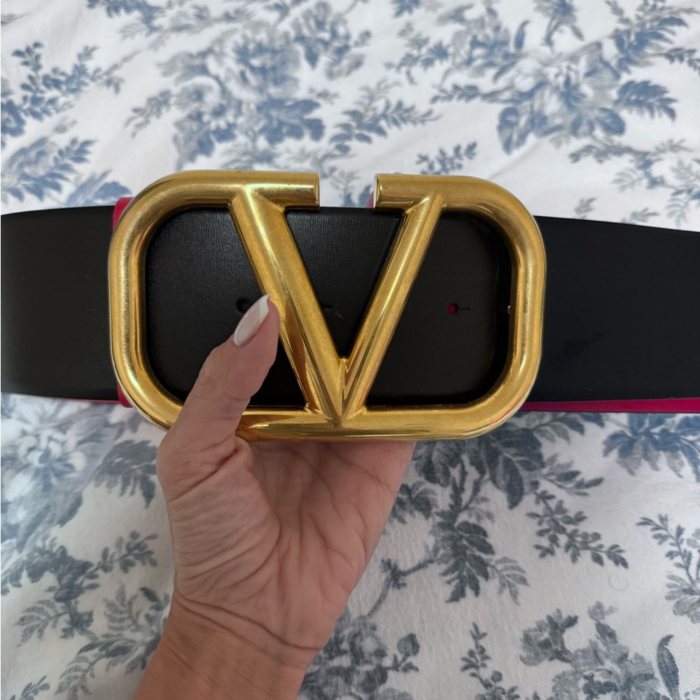 Valentino Garavani Black Belt with Gold V Emblem